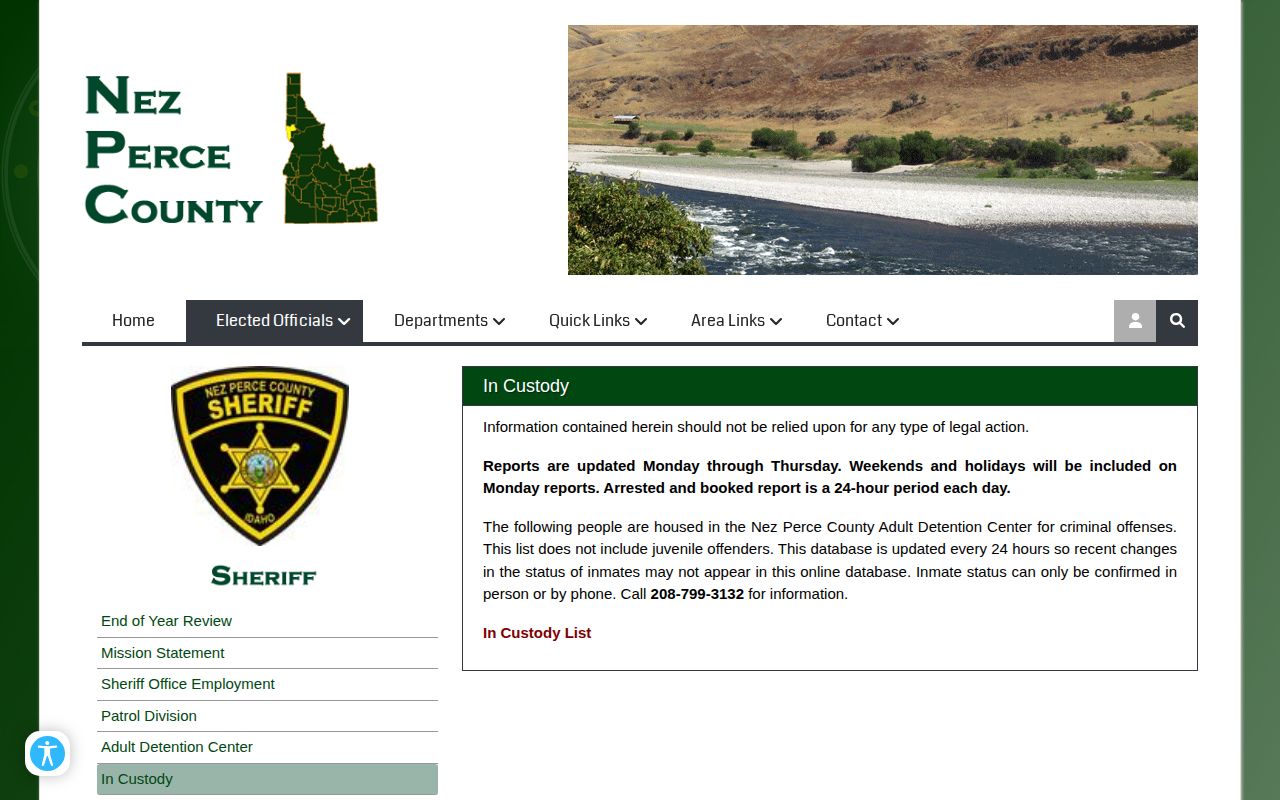 Nez Perce County adult custody roster record view