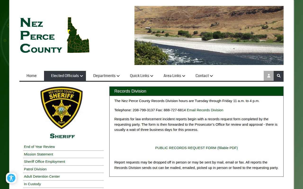 Nez Perce County Records Division booking record request source