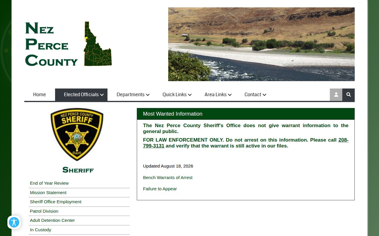Nez Perce County warrant verification source page